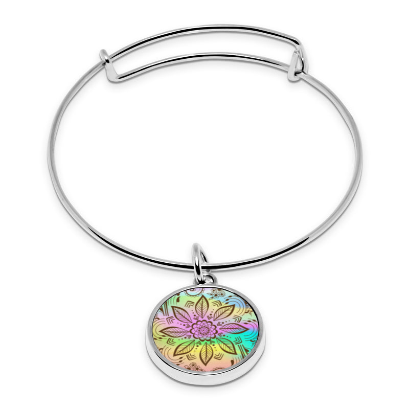 Henna Fluorescent print Wrapped Hinge Cuff Bracelet with pendant Colorful Holographic Psychedelic Henna Tattoo Art Iridescent Delicate Thin Cuff Bangle Metal Stainless Cuffed bracelet