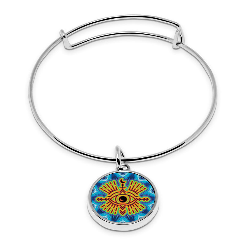 Evil Eye Fluorescent print Wrapped Hinge Cuff Bracelet with pendant ornament artwork mexican evil eye decor iridescent holographic pyschedelic Delicate Thin Cuff Bangle Metal Stainless Cuffed bracelet