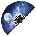Moon hand fan foldable bamboo circuit rave hand fans Moon Phases Trippy Rainbow Psychedelic Galaxy Astronaut Fan Fan outfit party gear gifts music festival rave accessories