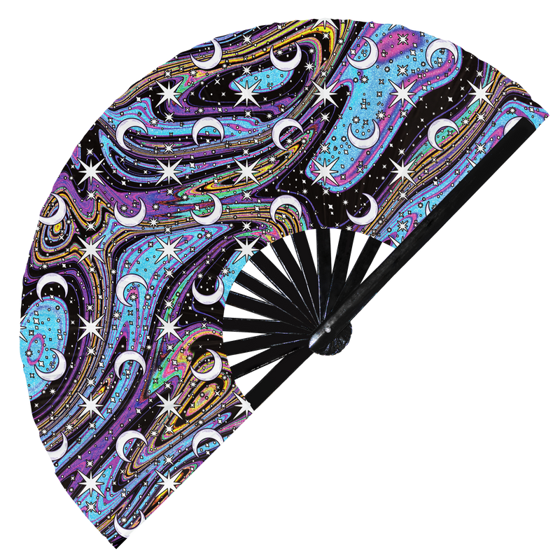 Moon hand fan foldable bamboo circuit rave hand fans Full Moon Phases Trippy Galaxy Fan outfit party gear gifts music festival rave accessories