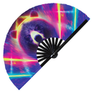 Bear Neon hand fan foldable bamboo circuit rave hand fans Grizzly Rainbow Galaxy Cyberpunk Futuristic Lasers Iridescent Space party gear gifts music festival rave accessories