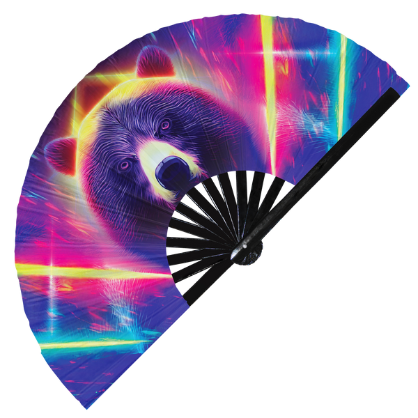 Bear Neon hand fan foldable bamboo circuit rave hand fans Grizzly Rainbow Galaxy Cyberpunk Futuristic Lasers Iridescent Space party gear gifts music festival rave accessories