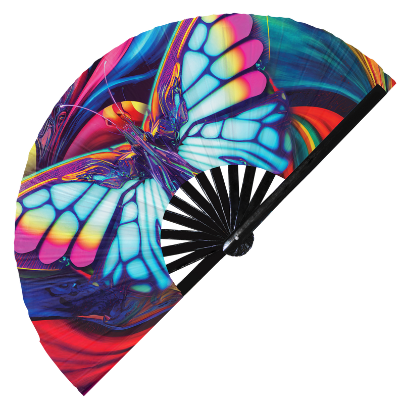 Butterfly Neon hand fan foldable bamboo circuit rave hand fans Neon Butterflies Rainbow Galaxy Cyberpunk Futuristic Lasers Iridescent Space party gear gifts music festival rave accessories