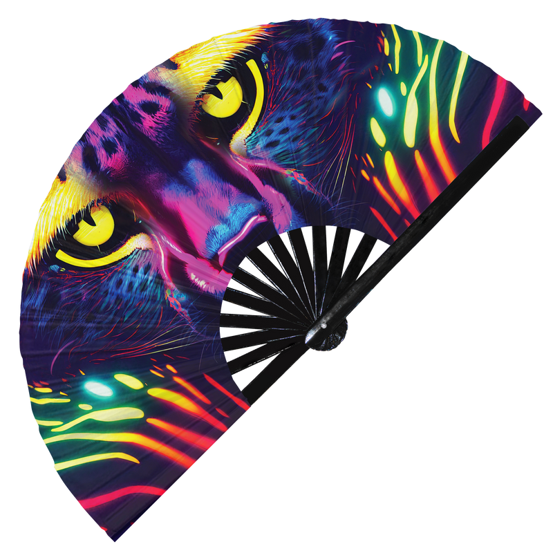 Cheetah Neon hand fan foldable bamboo circuit rave hand fans Leopard Rainbow Galaxy party gear gifts music festival rave accessories