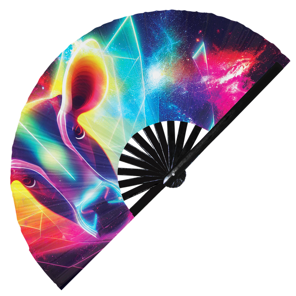 Cow Neon hand fan foldable bamboo circuit rave hand fans puppy Rainbow Galaxy Cyberpunk Futuristic Lasers Iridescent Space party gear gifts music festival rave accessories 