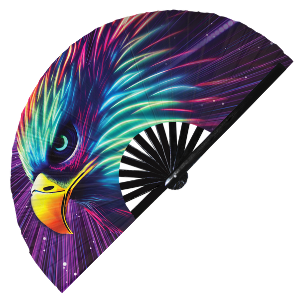 Eagle Neon hand fan foldable bamboo circuit rave hand fans Rainbow Galaxy Cyberpunk Futuristic Lasers Iridescent Space party gear gifts music festival rave accessories 
