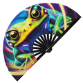 Frog Neon hand fan foldable bamboo circuit rave hand fans toad poison dart frog acit Rainbow Galaxy Cyberpunk Futuristic Lasers Iridescent Space party gear gifts music festival rave accessories 