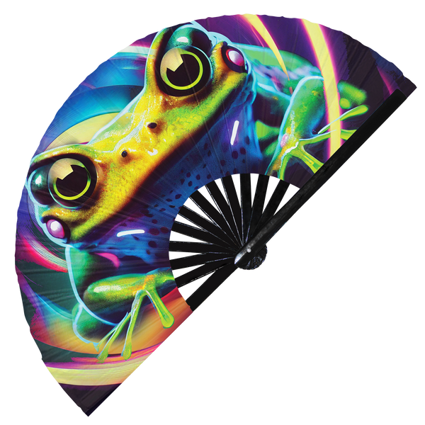 Frog Neon hand fan foldable bamboo circuit rave hand fans toad poison dart frog acit Rainbow Galaxy Cyberpunk Futuristic Lasers Iridescent Space party gear gifts music festival rave accessories 