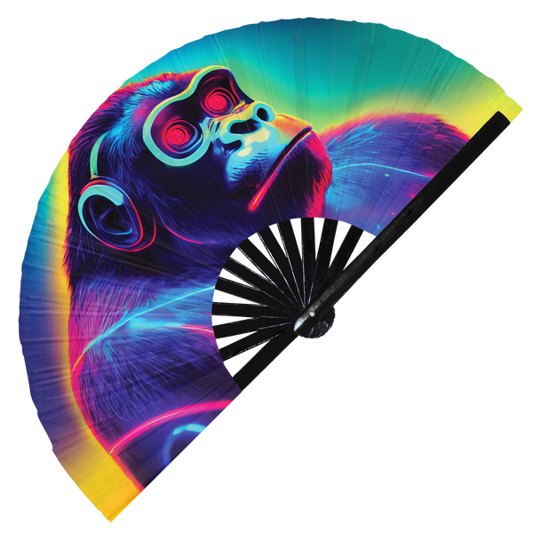 Gorilla Neon hand fan foldable bamboo circuit rave hand fans Mountain Gorillas Rainbow Galaxy Cyberpunk Futuristic Lasers Iridescent Space party gear gifts music festival rave accessories 