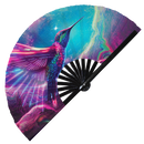 Hummingbird Neon hand fan foldable bamboo circuit rave hand fans Hummingbirds Rainbow Galaxy Cyberpunk Futuristic Lasers Iridescent Space party gear gifts music festival rave accessories 