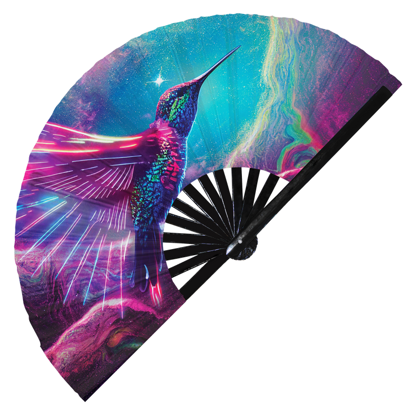 Hummingbird Neon hand fan foldable bamboo circuit rave hand fans Hummingbirds Rainbow Galaxy Cyberpunk Futuristic Lasers Iridescent Space party gear gifts music festival rave accessories 