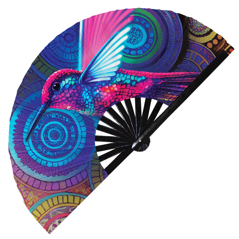 Hummingbird Neon hand fan foldable bamboo circuit rave hand fans Rainbow Galaxy party gear gifts music festival rave accessories