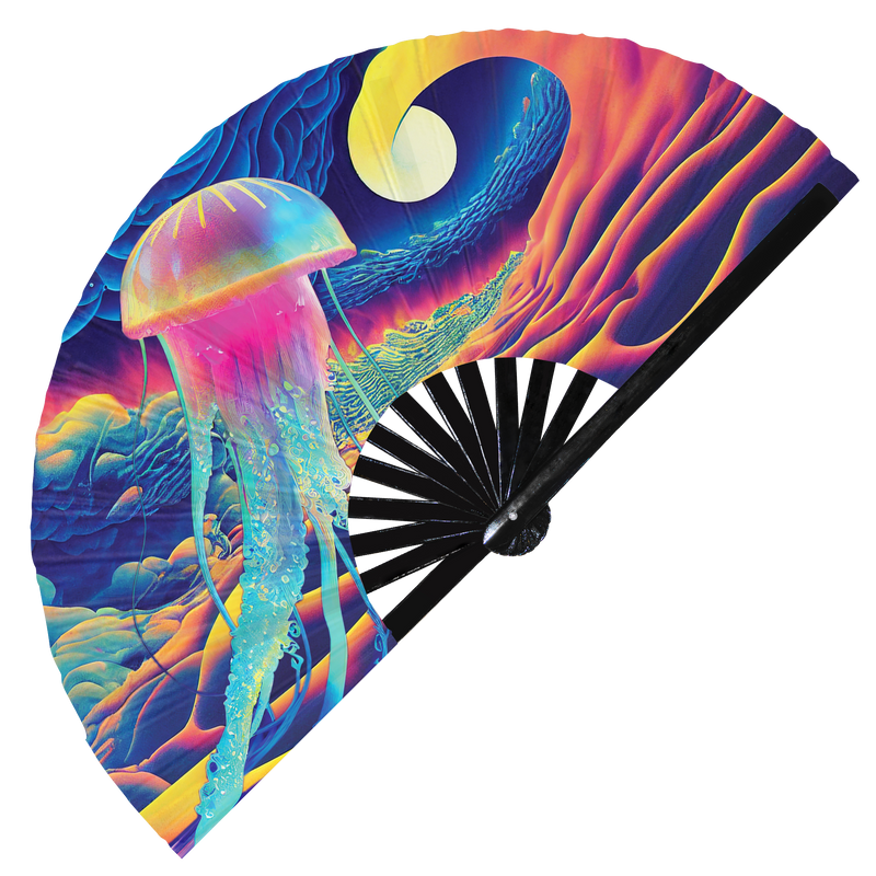 Jellyfish Neon hand fan foldable bamboo circuit rave hand fans Neon Jellyfish Rainbow Galaxy party gear gifts music festival rave accessories