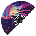 Jellyfish Neon hand fan foldable bamboo circuit rave hand fans Neon Jellyfish Rainbow Galaxy Cyberpunk Futuristic Lasers Iridescent Space party gear gifts music festival rave accessories 