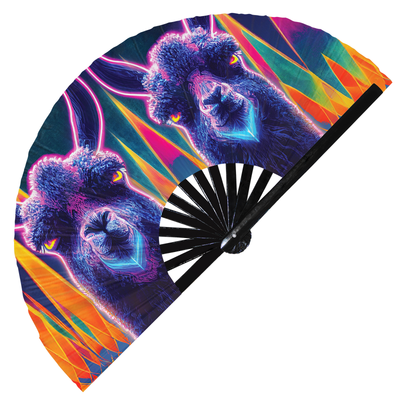 Llama Neon hand fan foldable bamboo circuit rave hand fans Alpaca Rainbow Galaxy party gear gifts music festival rave accessories