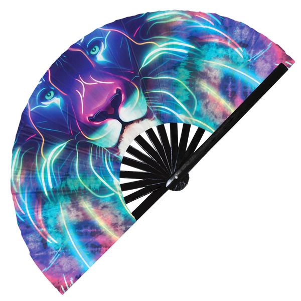 Lion hand fan foldable bamboo circuit rave hand fans Neon Lion Rainbow Galaxy Cyberpunk Futuristic Iridescent Space party gear gifts music festival rave accessories 