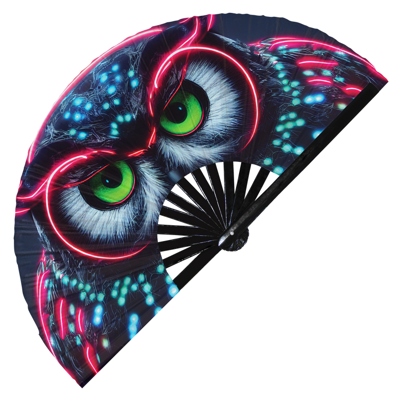 Owl Neon hand fan foldable bamboo circuit rave hand fans