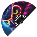 Owl Neon hand fan foldable bamboo circuit rave hand fans