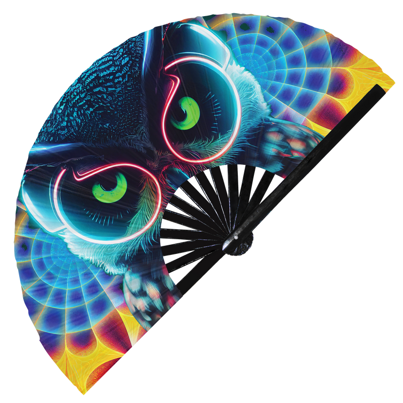 Owl Neon hand fan foldable bamboo circuit rave hand fans