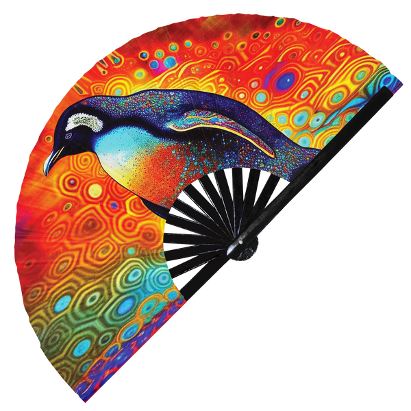 Penguin Trippy hand fan foldable bamboo circuit rave hand fans Rainbow Acid psychedelic party gear gifts music festival rave accessories