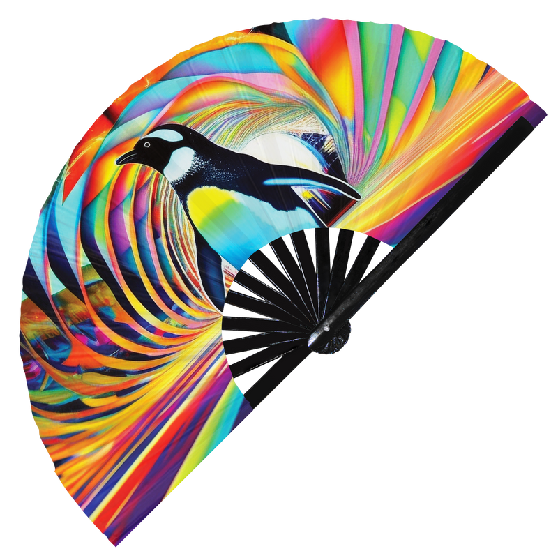 Penguin Trippy | Hand Fan foldable bamboo gifts Festival accessories Rave handheld event Clack fans