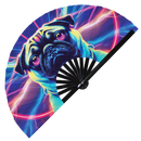 Pug Neon hand fan foldable bamboo circuit rave hand fans dog puppy Rainbow Galaxy Cyberpunk Futuristic Lasers Iridescent Space party gear gifts music festival rave accessories 