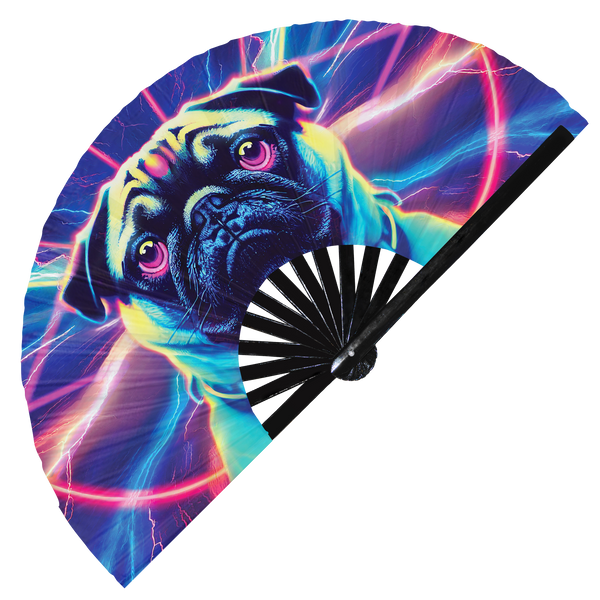 Pug Neon hand fan foldable bamboo circuit rave hand fans dog puppy Rainbow Galaxy Cyberpunk Futuristic Lasers Iridescent Space party gear gifts music festival rave accessories 