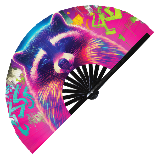 Racoon Neon hand fan foldable bamboo circuit rave hand fans Grizzly Rainbow Galaxy party gear gifts music festival rave accessories