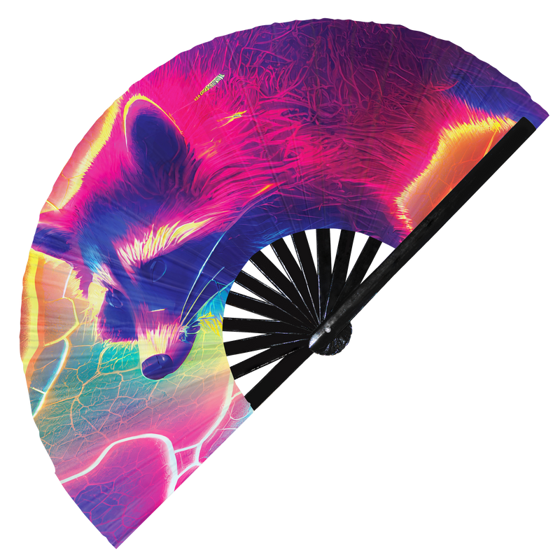 Racoon Neon | Hand Fan foldable bamboo gifts Festival accessories Rave handheld event Clack fans