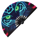 Neon Cats hand fan foldable bamboo circuit rave hand fans Rave Glow Kittens Tiger Panther Iridescent Psychedelic Trippy Colorful party gear gifts music festival rave accessories 