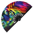 Tiger Neon hand fan foldable bamboo circuit rave hand fans Neon Tigers Rainbow Galaxy Cyberpunk Futuristic Lasers Iridescent Space party gear gifts music festival rave accessories