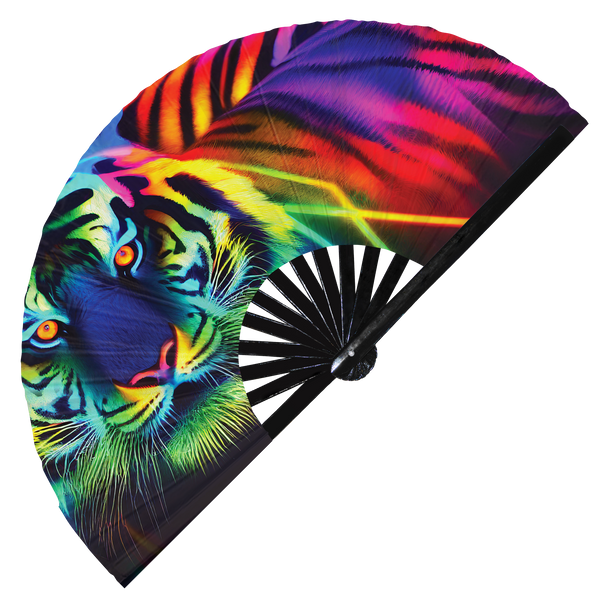 Tiger Neon hand fan foldable bamboo circuit rave hand fans Neon Tigers Rainbow Galaxy Cyberpunk Futuristic Lasers Iridescent Space party gear gifts music festival rave accessories