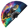 Turtle Neon hand fan foldable bamboo circuit rave hand fans Neon Sea Turtle Rainbow Galaxy Cyberpunk Futuristic Lasers Iridescent Space party gear gifts music festival rave accessories