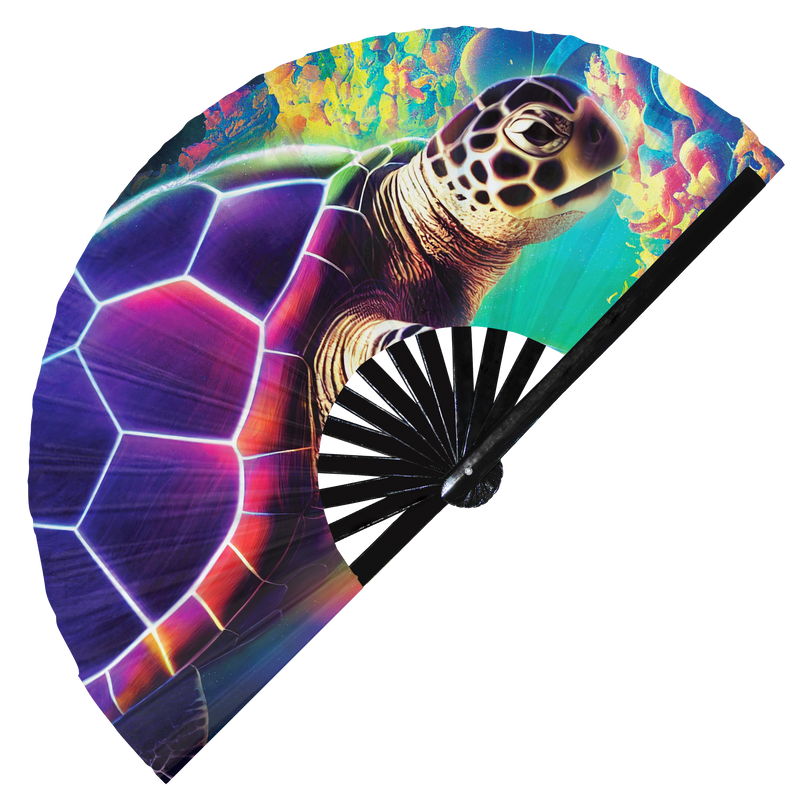 Turtle Neon hand fan foldable bamboo circuit rave hand fans Neon Sea Turtle Rainbow Galaxy party gear gifts music festival rave accessories