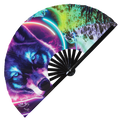 Wolf Neon hand fan foldable bamboo circuit rave hand fans Neon Lion Rainbow Galaxy Cyberpunk Futuristic Lasers Iridescent Space party gear gifts music festival rave accessories 
