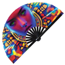 Raver Girl Woman Neon hand fan foldable bamboo circuit rave hand fans Rainbow Galaxy Cyberpunk Futuristic Lasers Iridescent Space party gear gifts music festival rave accessories 