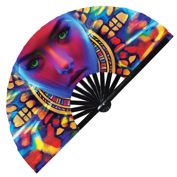 Raver Girl Woman Neon hand fan foldable bamboo circuit rave hand fans Rainbow Galaxy Cyberpunk Futuristic Lasers Iridescent Space party gear gifts music festival rave accessories 