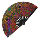 large hand fan, clack fan, folding fan, rave hand fan, dance fan, party fan, clack fan, graphic hand fan, owl art, blacklight festival fan