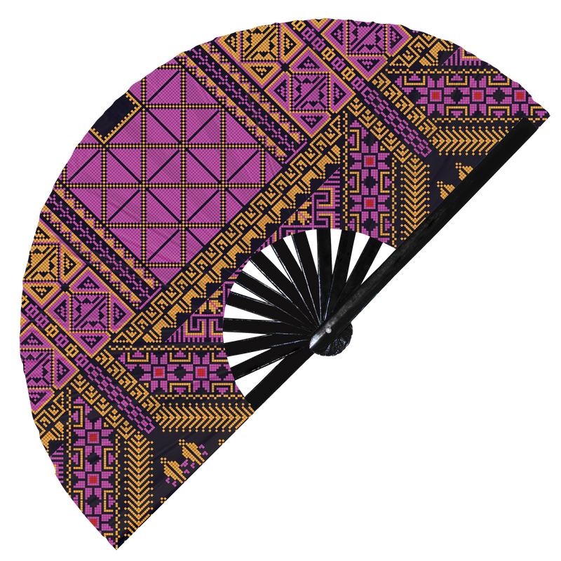 Palestinian Embroidery Tatreez Hand Fan UV Glow Foldable Bamboo Fan Traditional Palestinian Pattern print motif Handheld Fansw