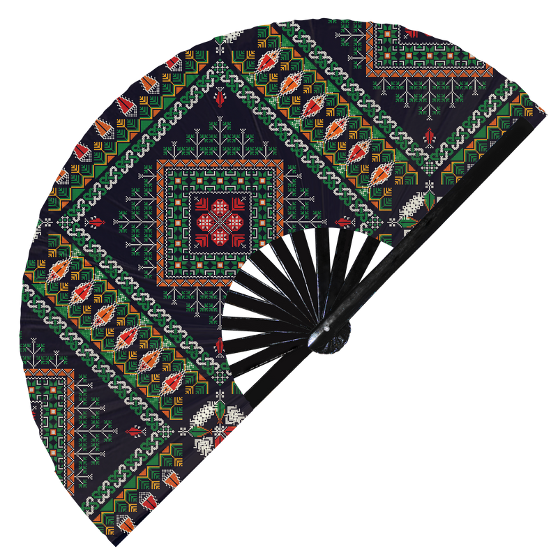 Palestinian Embroidery Tatreez Hand Fan UV Glow Foldable Bamboo Fan Traditional Palestinian Pattern print motif Handheld Fansw