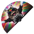 Party Cat Rave Kitty hand fan foldable bamboo circuit rave hand fans Rainbow Acid Cat party gear gifts music festival rave accessories