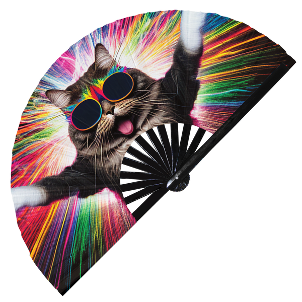 Party Cat Rave Kitty hand fan foldable bamboo circuit rave hand fans Rainbow Acid Cat party gear gifts music festival rave accessories