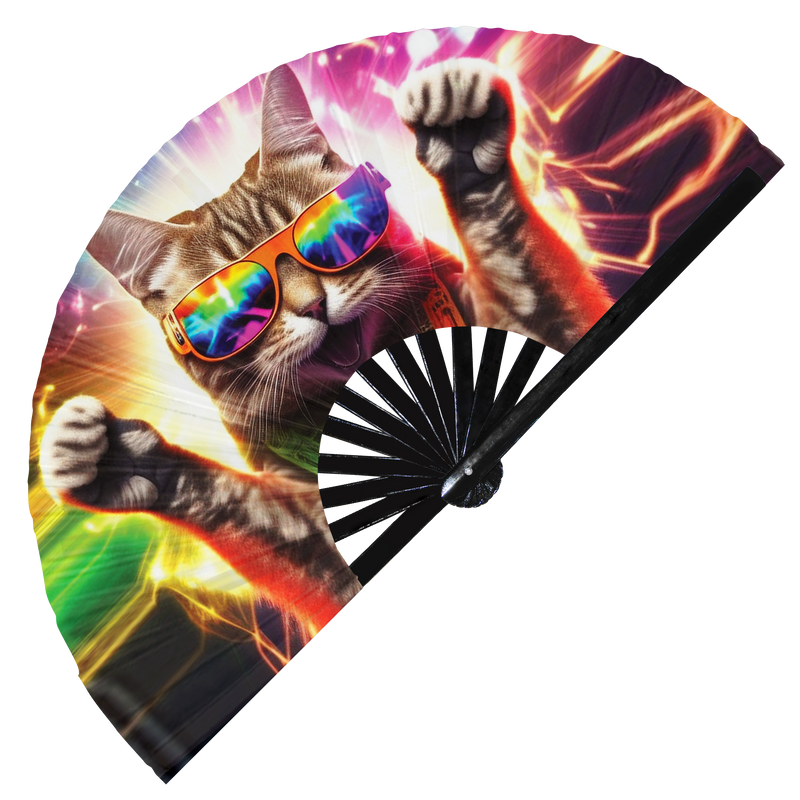 Party Cat Rave Kitty | Hand Fan foldable bamboo gifts Festival accessories Rave handheld event Clack fans