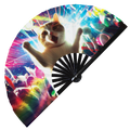 Party Cat Rave Kitty hand fan foldable bamboo circuit rave hand fans Rainbow Galaxy party gear gifts music festival rave accessories
