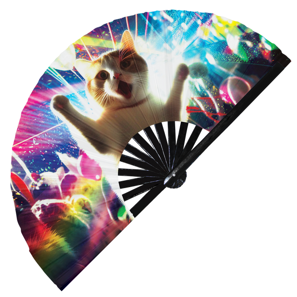 Party Cat Rave Kitty hand fan foldable bamboo circuit rave hand fans Rainbow Galaxy party gear gifts music festival rave accessories