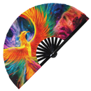 Phoenix hand fan foldable bamboo circuit rave hand fans Ancient Phoenix Rainbow Galaxy Cyberpunk Futuristic Lasers Iridescent Space party gear gifts music festival rave accessories 