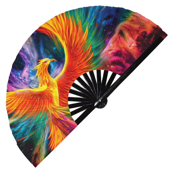Phoenix hand fan foldable bamboo circuit rave hand fans Ancient Phoenix Rainbow Galaxy Cyberpunk Futuristic Lasers Iridescent Space party gear gifts music festival rave accessories 