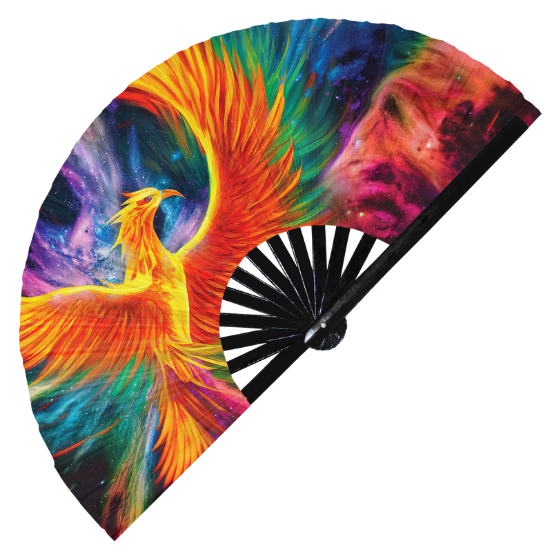 Phoenix hand fan foldable bamboo circuit rave hand fans Ancient Phoenix Rainbow Galaxy Cyberpunk Futuristic Lasers Iridescent Space party gear gifts music festival rave accessories 