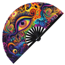 Eye Trippy Psychedelic hand fan foldable bamboo circuit rave hand fans Illuminati Eye Rainbow Galaxy Cyberpunk Lasers Iridescent Space party gear gifts music festival rave accessories 