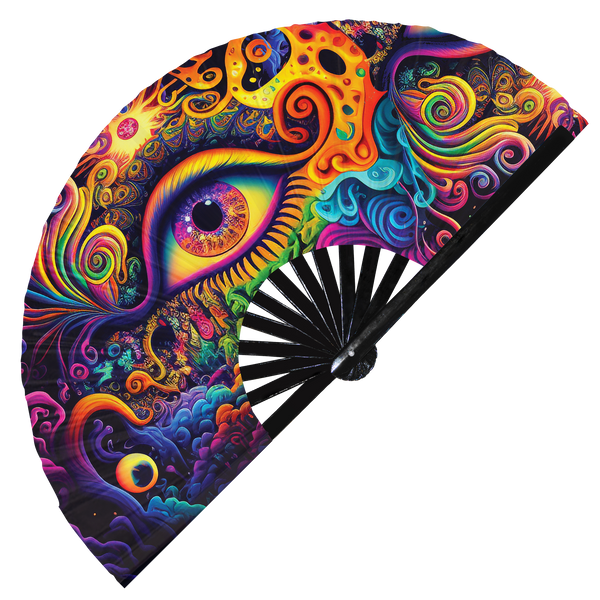 Eye Trippy Psychedelic hand fan foldable bamboo circuit rave hand fans Illuminati Eye Rainbow Galaxy Cyberpunk Lasers Iridescent Space party gear gifts music festival rave accessories 